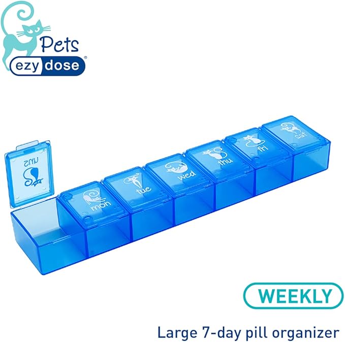 EZY DOSE Pets Weekly (7-Day) Pill Case, Medicine Planner, Vitamin Organizer Box for Dogs, Convenient and Easy to Use, X-Large Compartments, Convenient for Treats, Travel Friendly, Blue Lids, BPA Free