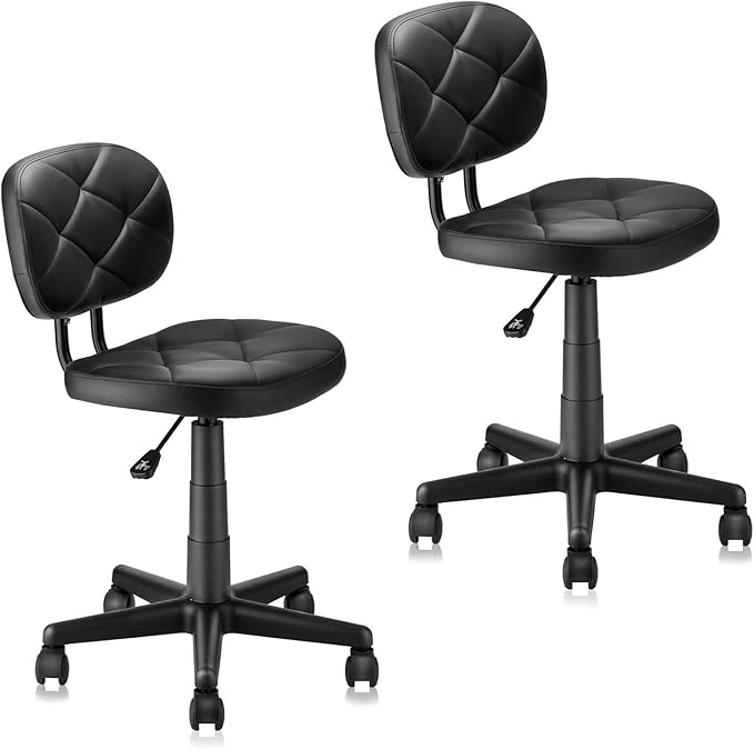 Leather Rolling Stools with Back Support and Wheels Adjustable Height Leather Swivel Salon Stool Chair for Office Massage Facial Medical Drafting Beauty Lab Doctor Tattoo, Black, 2 Pack