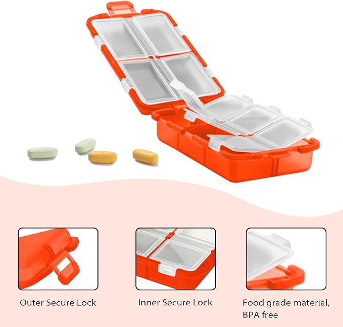 4PCS 7-Day Pill Organizer with Labels – Compact Daily Medication Case | Travel-Sized (3.7" x 2.4") Secure Lock | AM/PM Compartments | Includes 300+ Common Medicines Vitamins Health Product Sticker
