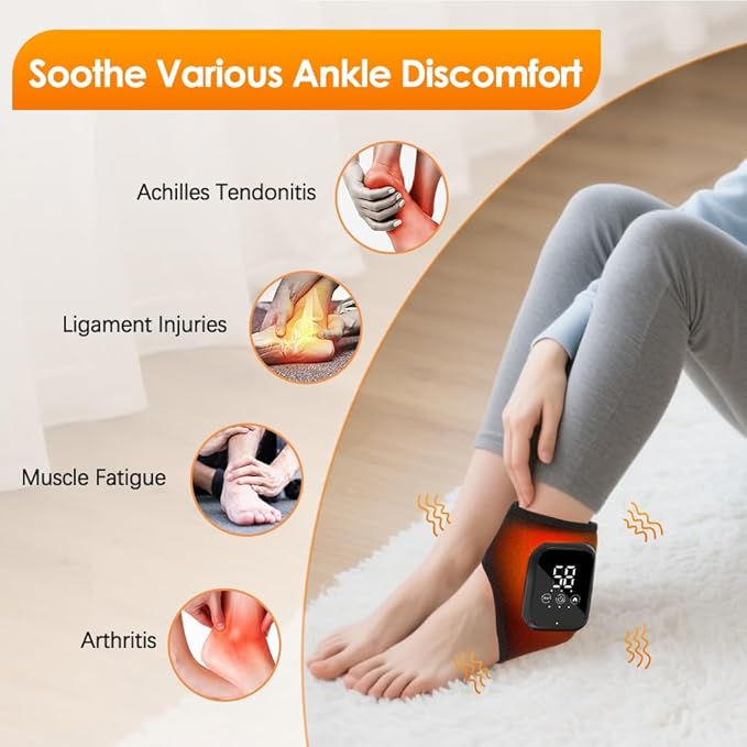 Heated Ankle Wrap with Vibration Massage – Cordless Electric Foot Massager Brace for Pain Relief, Swelling, Stiffness & Circulation – Rechargeable Heating Pad Support for Men & Women