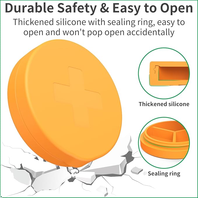 2 Pack Small Pill Box,Premium Thick Silicone 3 Compartment Travel Pill Box for Home/Desk Organizer, Portable Compact Medicine Holder for Vitamin, Cod Liver Oil, Supplement(Orange+Yellow)