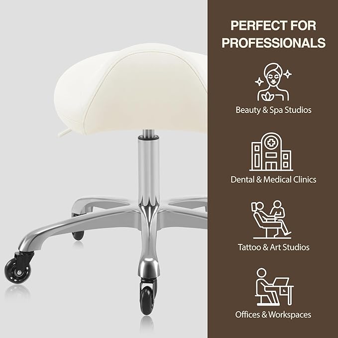 Heavy-Duty Ergonomic Pneumatic Swivel Rolling Saddle Stool with Extra Wide Seat for Hygienic Clinic Spa Massage Home and Office - 505 KIMO (Vanilla)