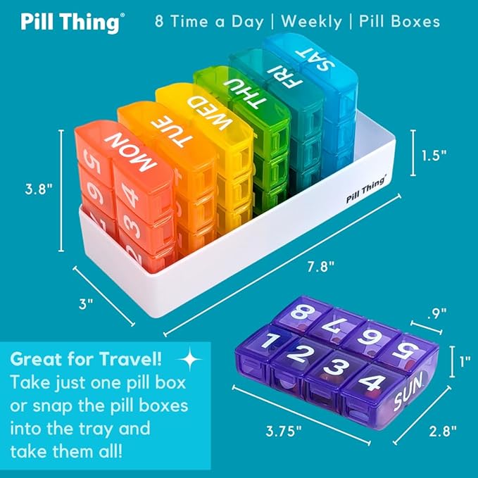 8 Times a Day, 7 Day Large Weekly Pill Organizer with Holder Tray, Vitamin, Medicine Box, Multicolor (8X a Day - 1 Pack)