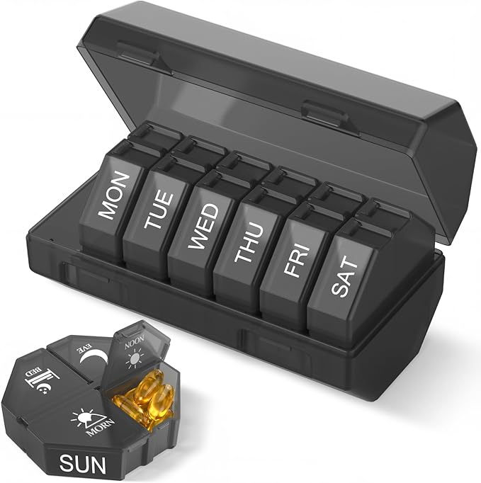 Weekly Pill Organizer 4 Times a Day, Large Pill Box 7 Day Daily Pill Case with 28 Extra Large Compartments Portable Travel Pill Container Big Medicine Organizer for Supplement Vitamin (Black)