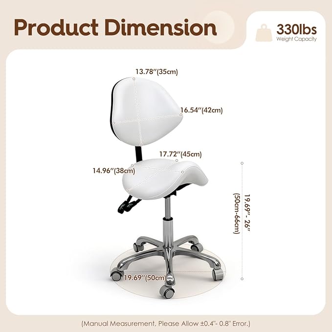 Saddle Stool Rolling Chair for Medical Massage Salon Kitchen Spa Drafting,Adjustable Hydraulic Stool with Wheels (White, with Backrest)