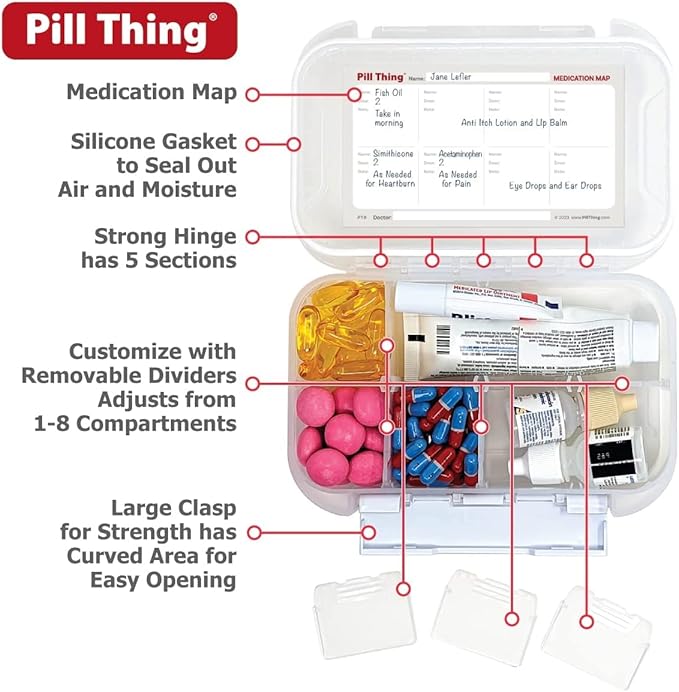 8 Compartment Large Pill Case with Airtight Seal, Adjustable Dividers, Silicone Gasket Waterproof Med Box with Medication Map (Clear - 2 Pack)