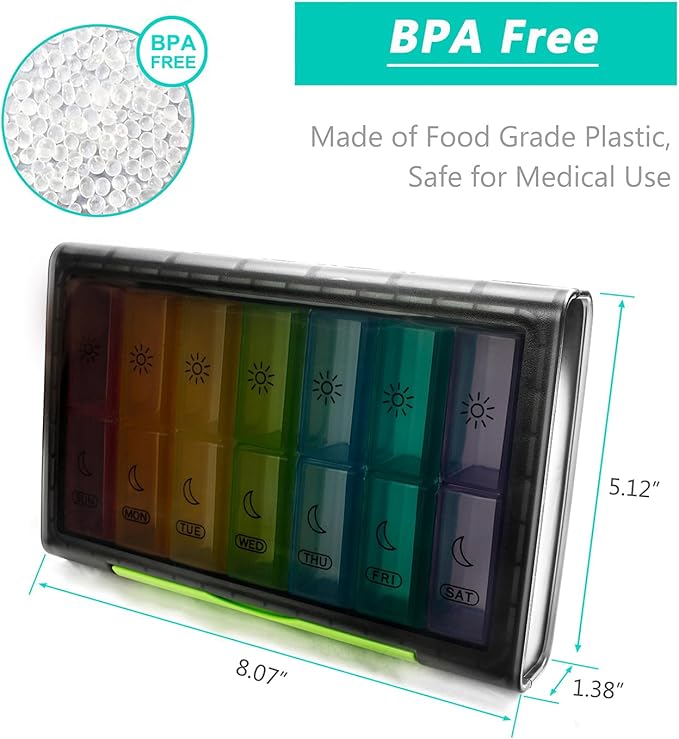 Weekly Pill Organizer, 7 Day Pill Box (2-Times-A-Day) Portable for Travel with Moisture-Proof Design Am/Pm Pill Case to Pills/Vitamin/Fish Oil/Supplements