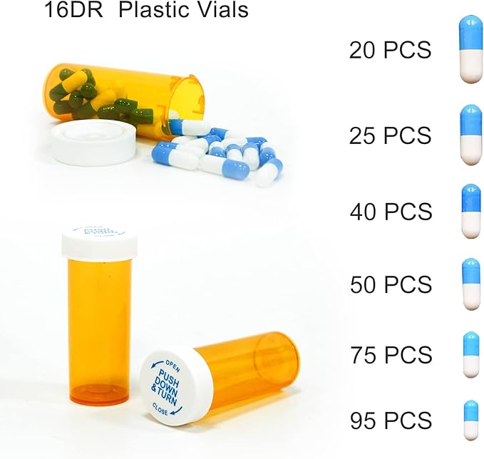 Pill Bottles with Child Resistant Cap, Prescription Vials - Push Down and Turn - Empty Medicine Plastic Containers Safety Cover for Personal Medication & Pharmacy (16dram, Amber, 12pcs)