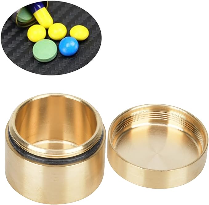 Estink Brass Mini Pills Container, Outdoor Round Shape Brass Pills Case Metal Jewelry Sealed Storage Box Waterresist Mini Accessories Container for Pills Tea Leaves Jewelry Storage