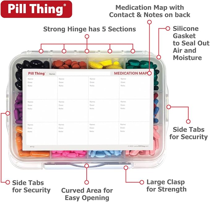 20 Compartment Large Pill Case with Airtight Seal - Silicone Gasket Waterproof Med Box with Medication Map (Combo Pack - 20 & 12)