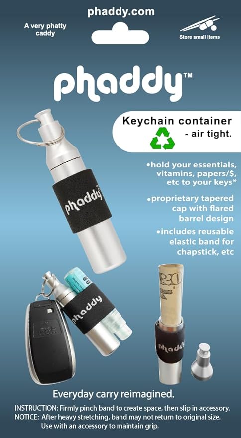 phaddy™ Keychain Pill Holder – 100% Waterproof Aluminum Storage Capsule with Band, EDC Mini Container for Pills, Vitamins, Cash & Essentials (Silver, Standard)