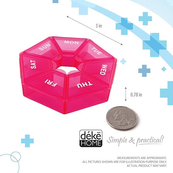 Deke Home - Small Weekly Pill Organizer, Round Pill Dispenser for Travel, Mini Pill Organizer, Compact Medicine Holder, Pill Sorters 7 Days, Portable Vitamin Container, BPA Free (Food Grade)