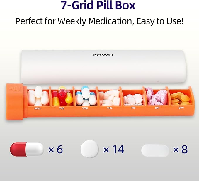 Weekly Travel Pill Organizer, 7 Day Small Pill Organizer, Water Proof Compact Daily Pill Case, Portable Medicine Case, Cute Pill Holder for Vitamins Supplements, Drawer-Shaped Pills Organizer (Orange)