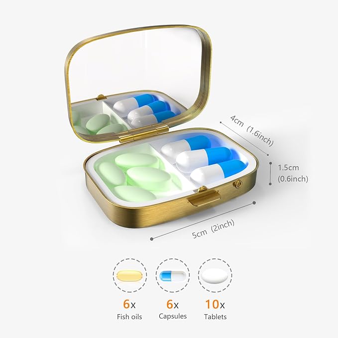 Small Pill Box Pill Case with Mirror Retro Pocket 2 Compartment Pill Holder for Purse or Pocket Bronze Portable Medicine Vitamin Container Fish Oil and Supplement Storage BPA-Free(Line Art Flowers)