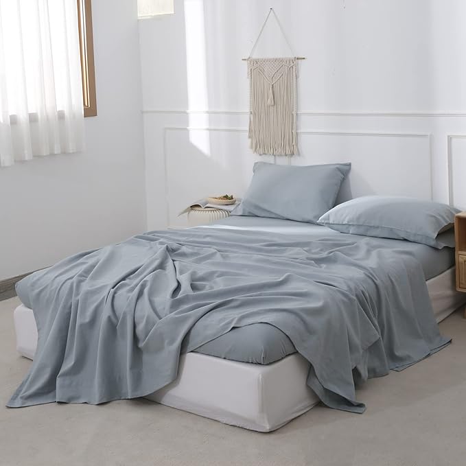 Simple&Opulence Belgian Linen Sheet Set Solid Color - 4 Pieces (1 Flat Sheet, 1 Fitted Sheet & 2 Pillowcases) Natural Flax Cotton Blend Soft Breathable Farmhouse Bedding - California King, Dusty Blue