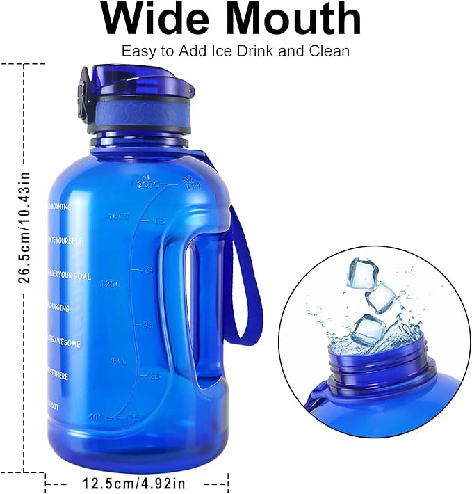 GEMFUL 2L Leak Proof Water Bottle with Handle 64oz Large Gym Jug Time Marker No Straw BPA Free Motivational for Men & Women (Royal Blue)