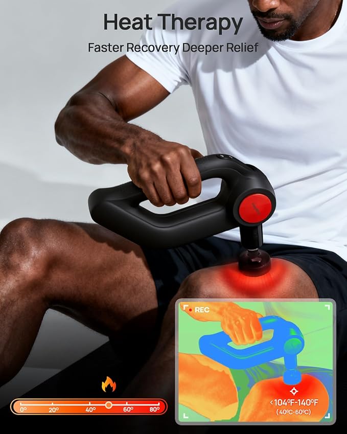 Massage Gun Deep Tissue with Heat Therapy, 12mm Amplitude Muscle Massager for Athletes, 5 Speeds & 4 Modes Massager Gun for Neck Back Shoulder Leg Pain Relief - Perfect for Men, Black