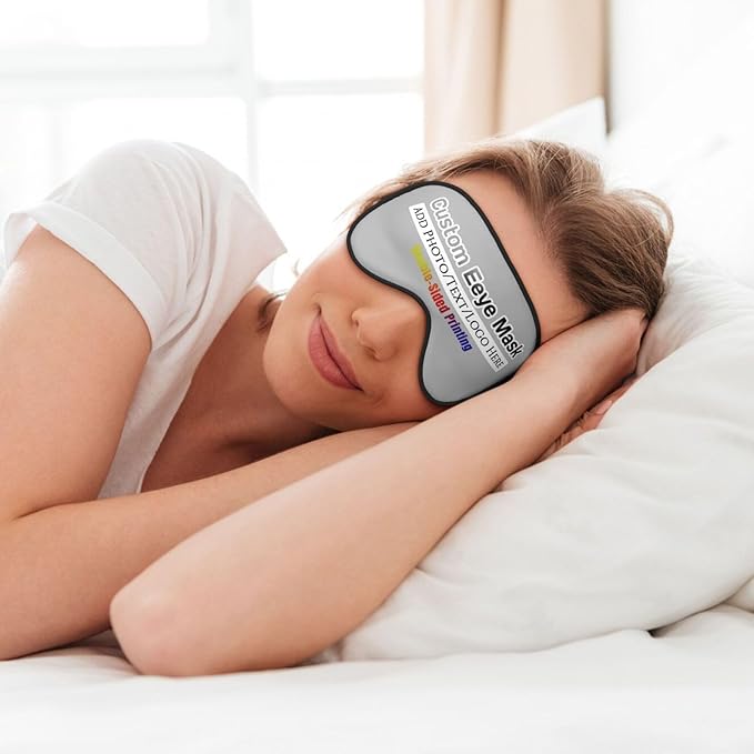 Custom Eye Mask for Sleeping Personalized Your Photo Text Logo Adjustable Strap Sleep Mask Customized Soft Blindfold Eyemask Blackout Eye Cover for Men Women Home Travel Offices Grey