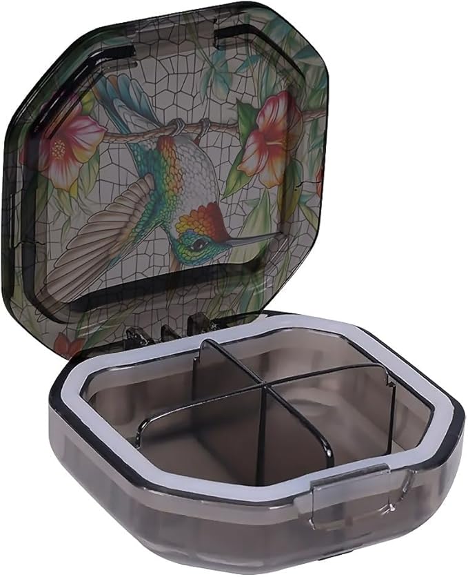 This Portable Flower Hummingbird Pattern 4 Compartment Pill Box Can Be Placed in A Pocket Or Wallet to Store Vitamins, Medicines Health Supplements Other Medications.