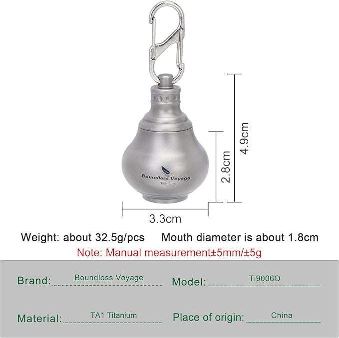 iBasingo Titanium Mini Pill Bottle Keychain Ultralight Waterproof Portable Medicine & Vitamin Storage Case for Outdoor Travel Emergency Metal Gourd Design (32.5g) Ti9006O (Titanium Original)