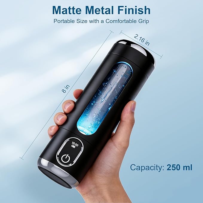 Portable Hydrogen Water Bottle Generator - Up to 6000 PPB H2 Molecular Hydrogen Infusion, SPE/PEM Technology Rechargeable Hydrogen Water Machine for Sports/Travel/Office/Gym - 8.8 oz (Black)