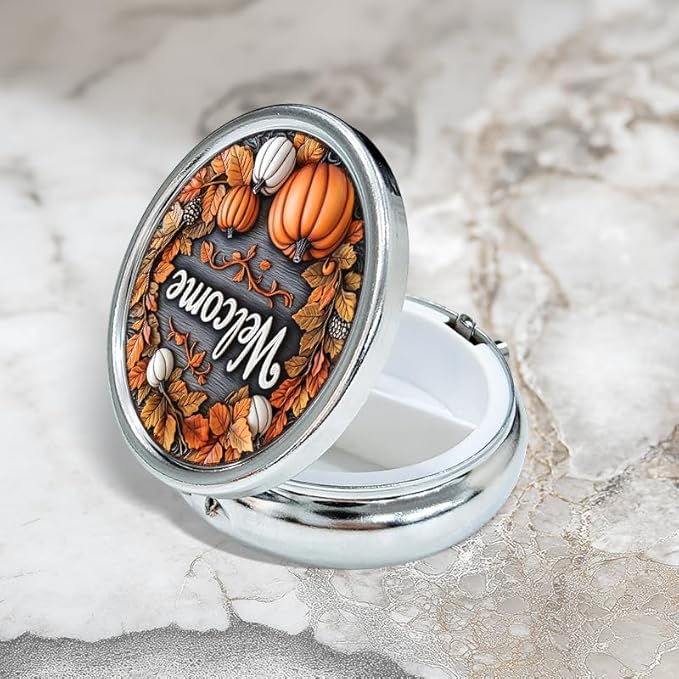 Portable Round 3 Compartment Metal Pill Box Fall Pumpkins Welcome Print Ideal for Office Kitchen Cafe Use