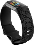 Flower Engraved Bands Compatible with Fitbit Charge 5 Band/Charge 6 Bands Women Cute Floral Engraving Soft Silicone Sport Strap Replacement Wristband for Fitbit Charge 5/6 Tracker Accessories