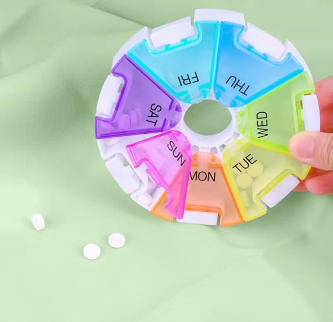 Weekly Pill Organizer 7 Day Round Pill Box Arthritis Friendly Spring Open, Leak-Proof Compartments for Vitamins, Medications & Supplements BPA-Free Travel Pill Case, Color-Coded Daily, Spill-Proof