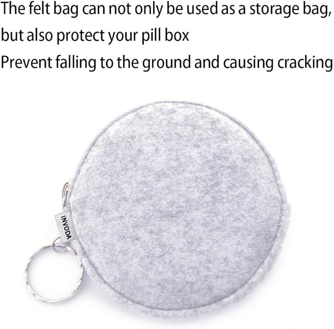 Pill Box Protective Bag Felt Coin Purse Zipper Round Daily Pill Cases Bag pill organizer storage bag (Light Grey Bag)