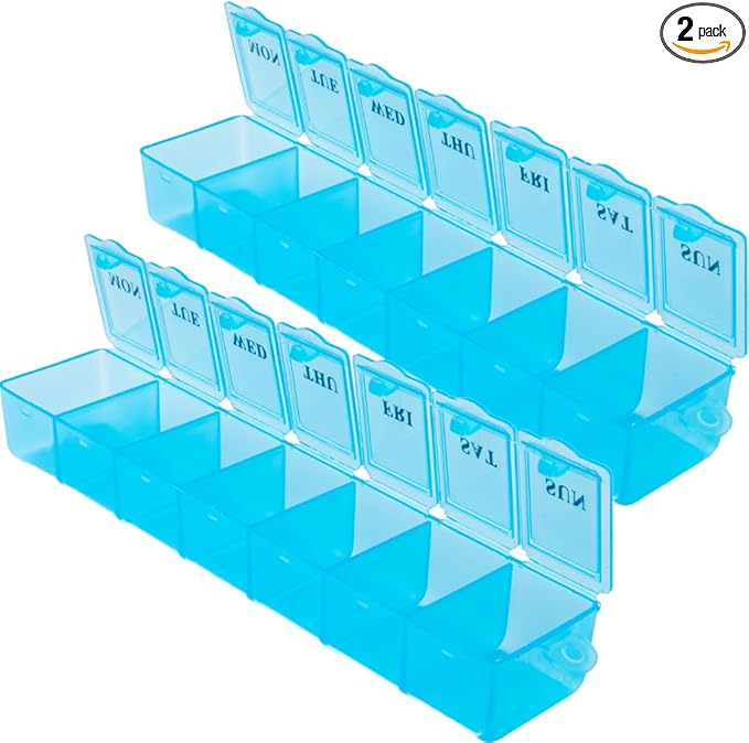 2 Pack Pill Box Weekly Pill Organizer Blue - Daily Pill Organizer, 7 Days One-Time-A-Day, Easy to Open Lids, Pop Up Compartments, Portable for Travels - Safe Material by December Springs