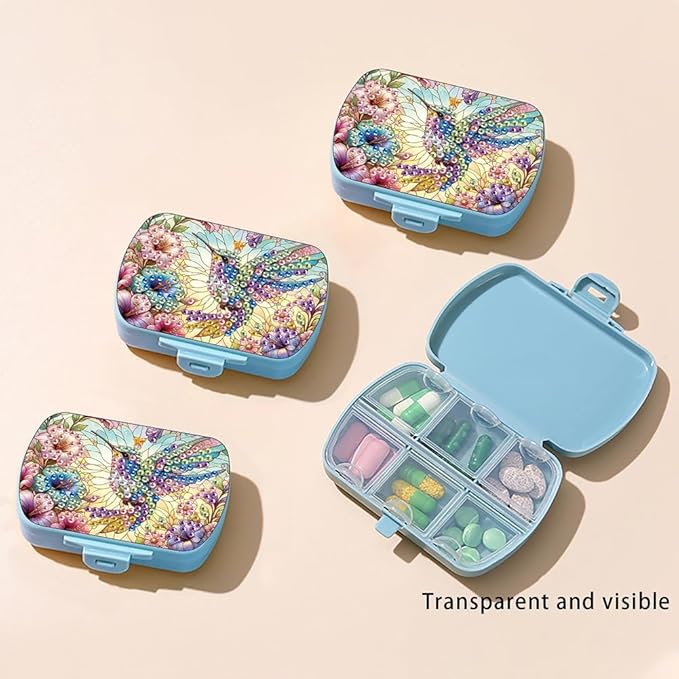 C'eitura DIY Hummingbird Diamond Art Painting Blue Pill Organizer with 6 Lid Detachable Compartments, Fun DIY Craft Project for Adults, Elegant Pill Case for Purse & Travel