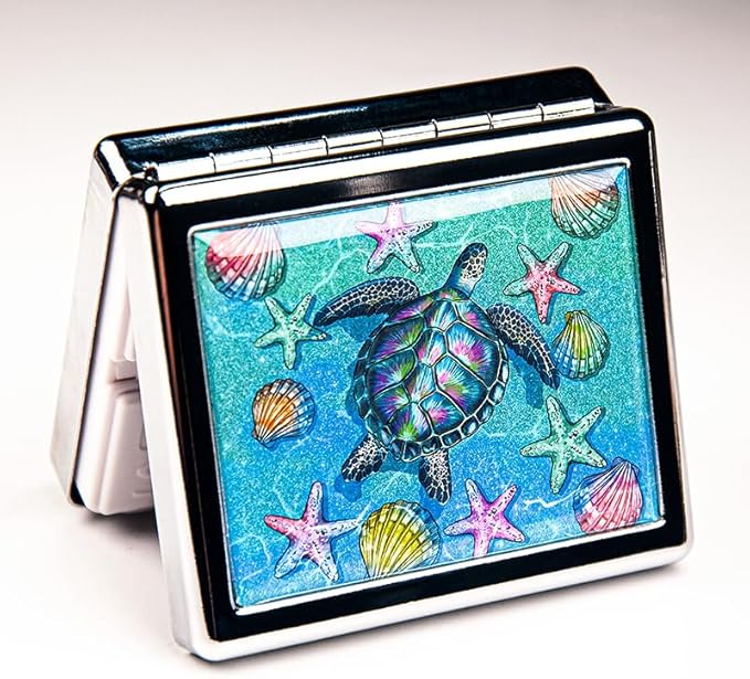 Turtle Seashells Starfish 7 Days Chromed Shiny Silver Pill Organizer with Mirror Inside Has 8 Separate Compartments Rectangle 7 Days Pill Box Pill Case