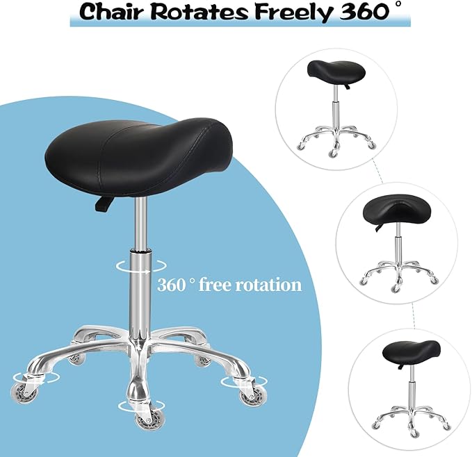 Saddle Stool with Wheels, Rolling Ergonomic Stool with Thick Saddle Seat, Adjustable Chair for Medical Dental Massage Clinic Salon (Black, Without Backrest)
