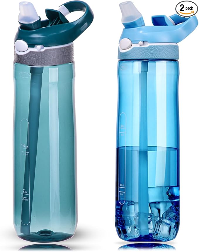 DEARART 2-Pack 24oz Light Blue & Dark Cyan Water Bottles With Straw, Leakproof BPA FREE Hidden Nozzle, Flip Up Lid Has Handle Wide Bottle Easy Clear, Suit Office Outdoor Sports Travel Gym.