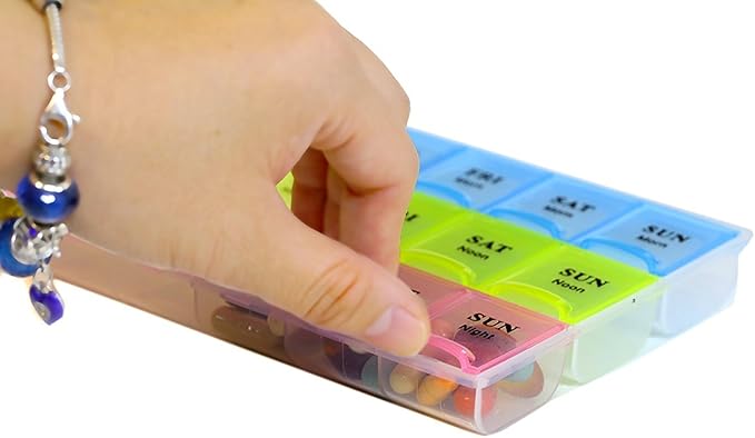 Inspirations 21 Compartments Pill Organizer Box, Medicine Remainder with Snap Lids, 7-Day AM/PM for Pills, Vitamins(6038, 21 Compartment)