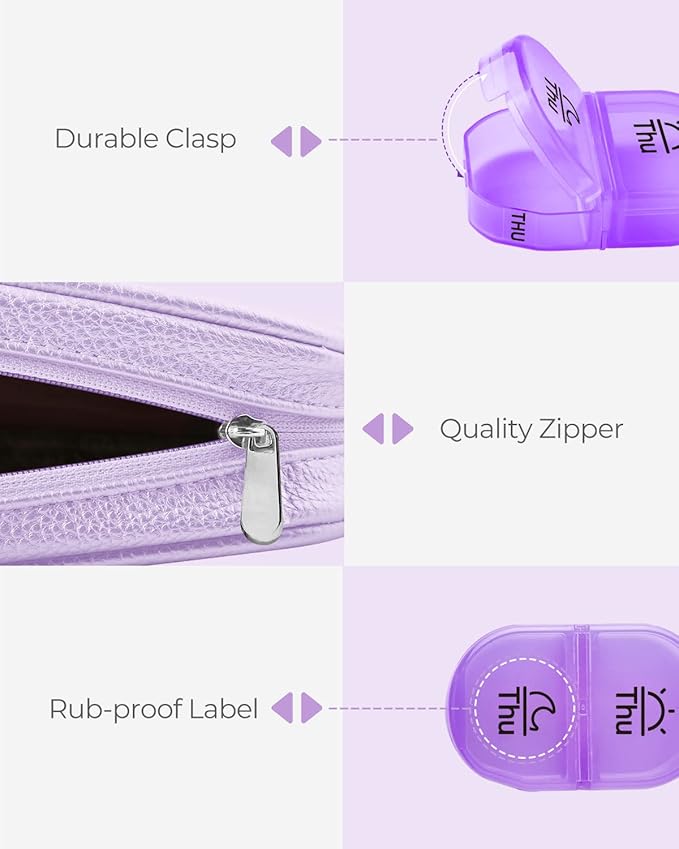 Cute Pill Organizer 2 Times a Day, PU Leather Pill Case for Women, Portable Weekly Pill Box for Purse with Storage Bag to Hold Vitamins, Medications, Fish Oils, Supplements (Purple)