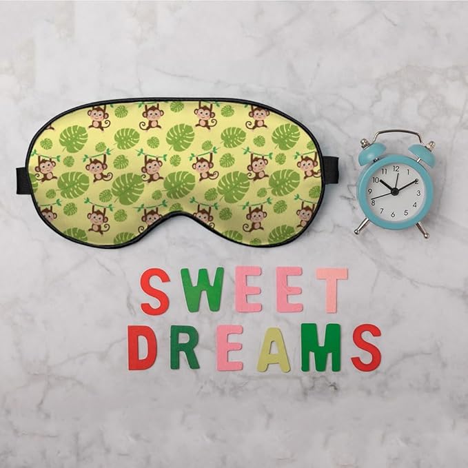 Funny Monkey Silk Eye Mask Sleep Mask Brown Monkeys Animal Green Tropical Leaves Eye Mask with Adjustable Strap Lightweight for Women Work Travel Night Sleep