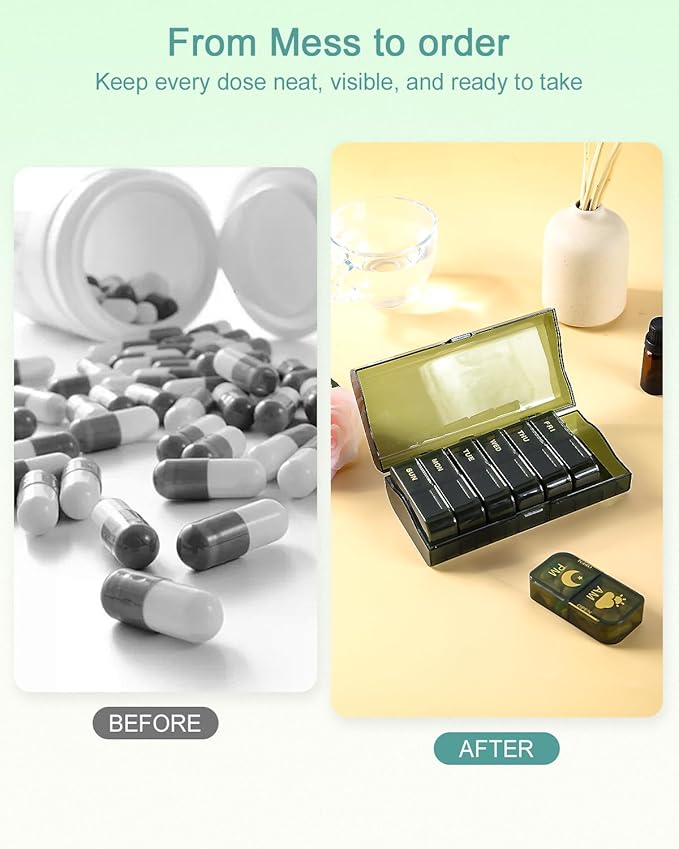 Weekly Pill Organizer 2 Times a Day (AM/PM), Large Capacity 7 Day Medication Organizer, BPA-Free Green Pill Box for Vitamins, Fish Oil & Supplements