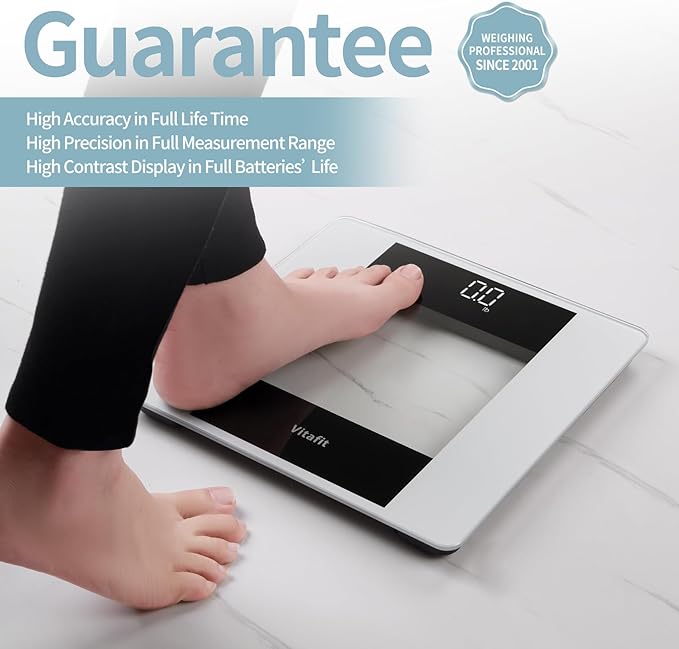 Vitafit Digital Bathroom Scale for Body Weight, High Accuracy Assured by Weight Scale Professional Factory Since 2001, White LED and Step-On, 3*AAA Batteries Included, 400lb, Silver