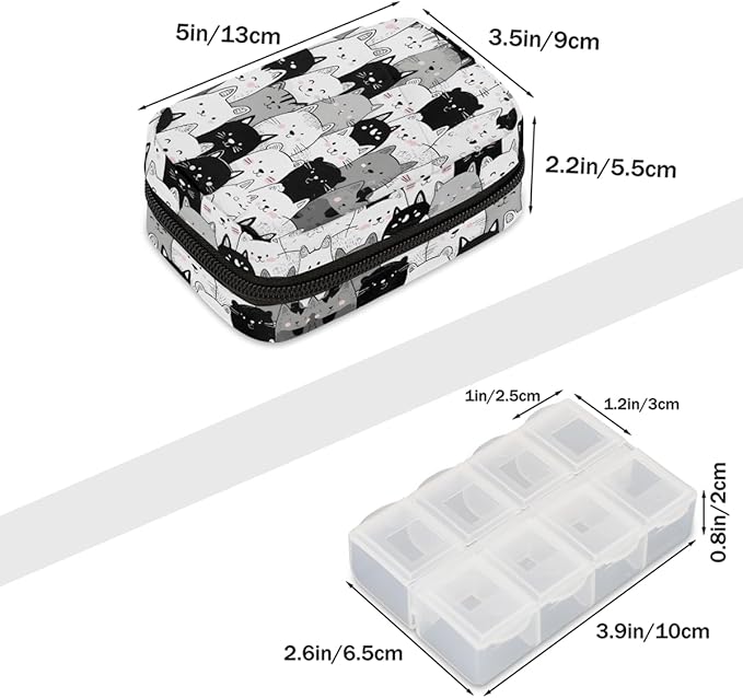 Black White Cat Pill Case Travel Pill Organizer Weekly 7 Day Portable with Zipper Medicine Box Pill Case for Vitamins, Birth Control,Fish Oils,Medication, Supplements