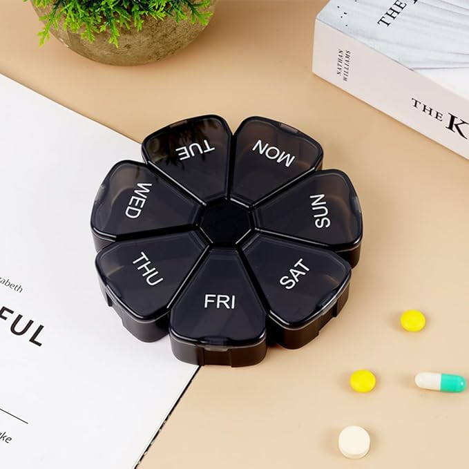 7 Day Pill Organizer, Circular Portable Pill Case with 7 Color-Coded Compartments, Transparent Petal-Shaped Weekly Pill Box for Vitamins, Supplements, Medication Black