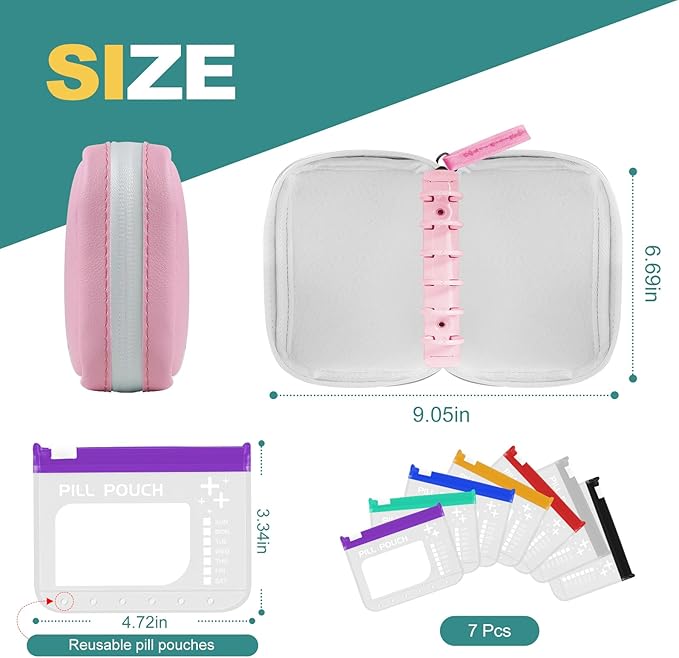 A7 Waterproof Pill Organizer with 7 PCS L Size Zippered Pill Pouches for A7 Binder, Large BPA-Free Weekly Medicine Organizer, Color-Coded Reusable Travel Pill Storage System