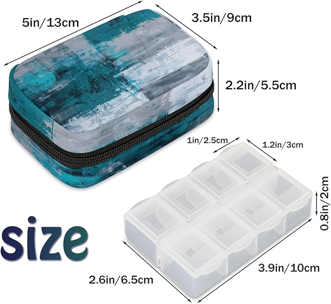 Abstract Turquoise Gray Travel Pill Organizer Box Weekly Portable Pill Case Daily Pills 7 Day Small Birth Control Pills Container Removable Compartments for Medicine Vitamins Fish Oil