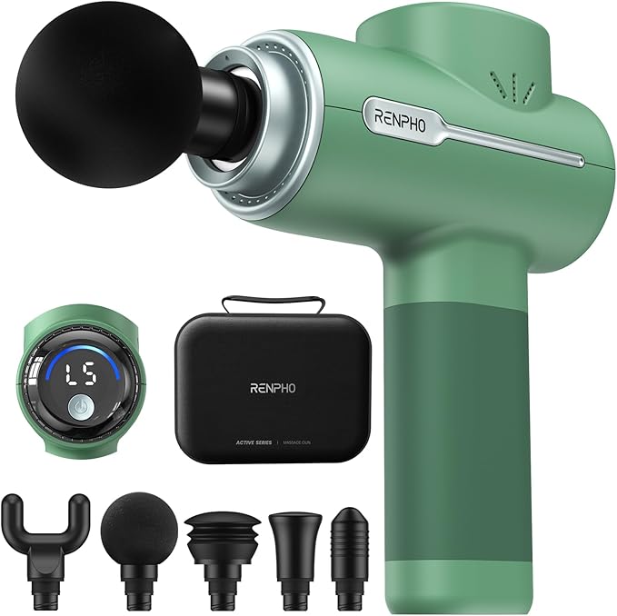 RENPHO Active Massage Gun, Deep Tissue Percussion Massager for Back and Neck, Portable Handheld Massager with 5 Speeds, 5 Attachments, Carry Case, Green