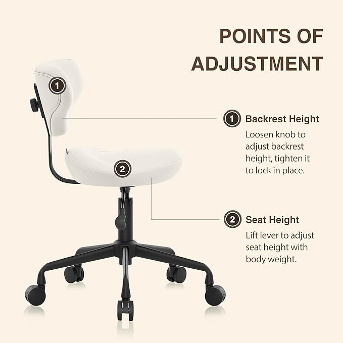 Ergonomic Saddle Seat Adjustable Pneumatic Hydraulic Drafting Swivel Rolling Stool Chair for Medical Hygienic SPA Massage Salon Home and Office - Hilo 508 (Vanilla, with Backrest)