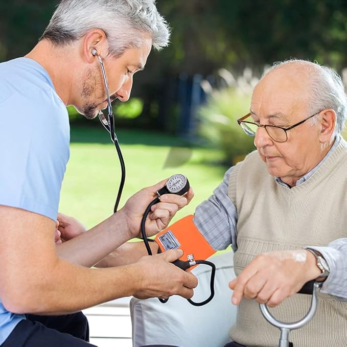 Dixie EMS Aneroid Sphygmomanometer Kit, Manual Blood Pressure Monitor Set with 5 Cuffs for Infant, Child, Adult, Large Adult, Thigh, & Carrying Case - Orange