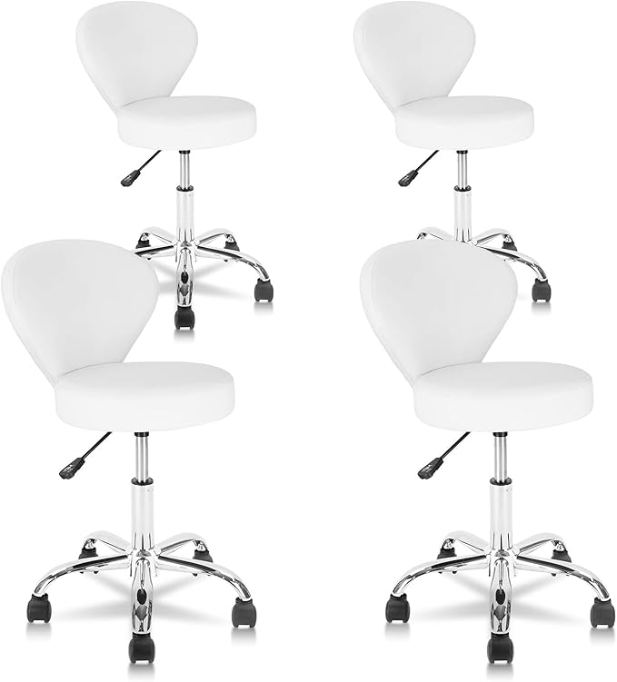 Leather Rolling Salon Stool with Back Support and Wheels Adjustable Height Swivel Spa Stools for Office Massage Facial Medical Drafting Tattoo Beauty Barber Lab Doctor Tattoo, White, 4 Pack
