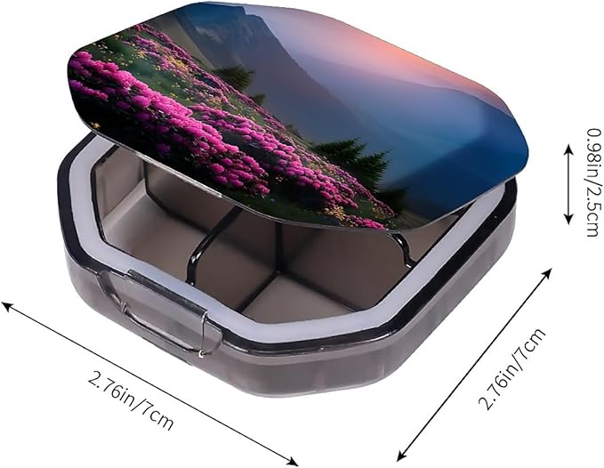 This Portable Pink Rhododendron Sunset Pattern 4-Compartment Pillbox Can Be Placed in A Pocket Or Wallet to Store Vitamins, Medicines Fish Oil Health Supplements Other Medications.