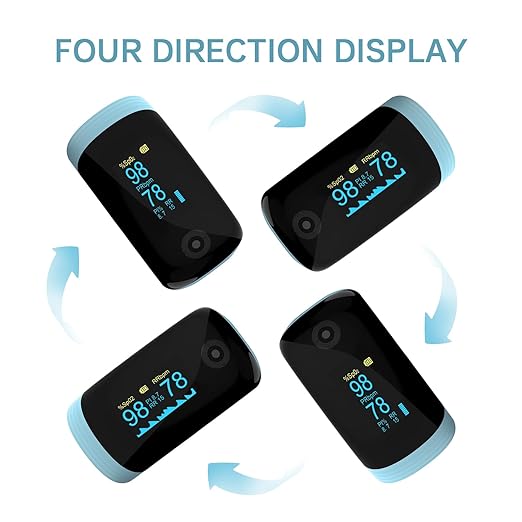 Fingertip Pulse Oximeter, Ox with Respiration Rate Monitoring, Heart Rate, PI & RR Measurements, Fast Spo2 Reading Rechargeable Blood Oxygen Monitor with OLED Display, 6 View Modes & 4-Direction Rotation(Blue）