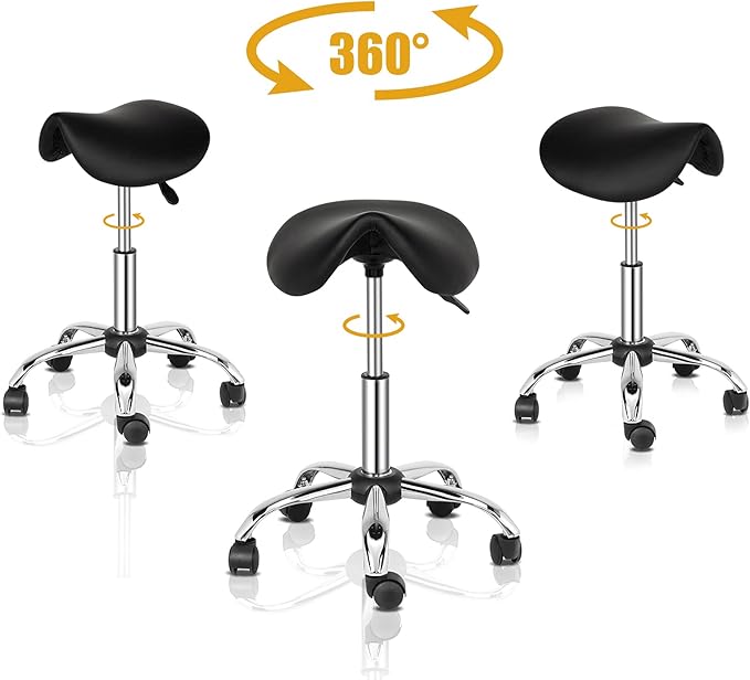 OmySalon Adjustable Saddle Stool with Footrest, Hydraulic Rolling Salon Chair, 360° Swivel Wheels Ergonomic Stool for Hair Stylists, Tattoo Artists, Office, Spa, Massage, Dental (Black)